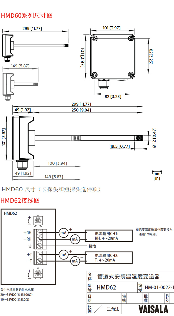 管道安装式温湿度变送器HMD62和HMD65尺寸图和接线图
